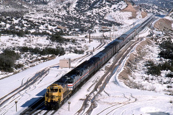 Amtrak Southwest Chief in the snow at Cajon Pass Summit