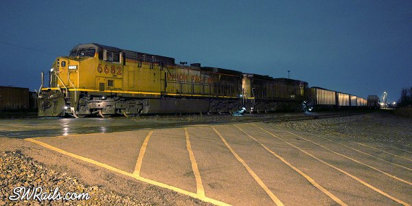 Night picture of Union Pacific coal train at Fort Worth TX