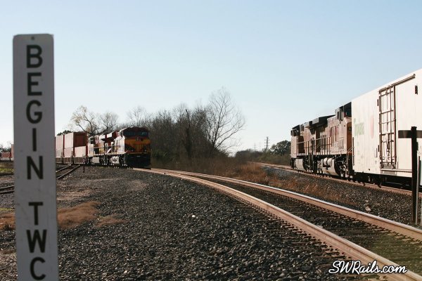 KCS and UP freight trains at Rosenberg, TX