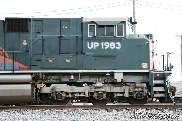 Detailed view of the front of UP SD70ACe 1983