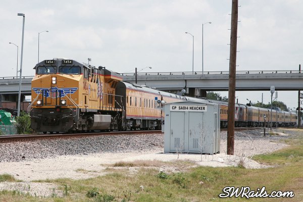 UP 7454 on engineering dept special passenger train at heacker, TX