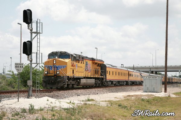UP 7454 on engineering dept special passenger train at heacker, TX