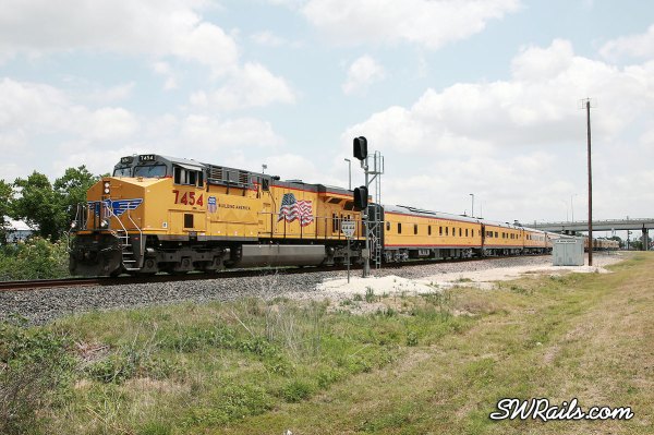 UP 7454 on engineering dept special passenger train at heacker, TX