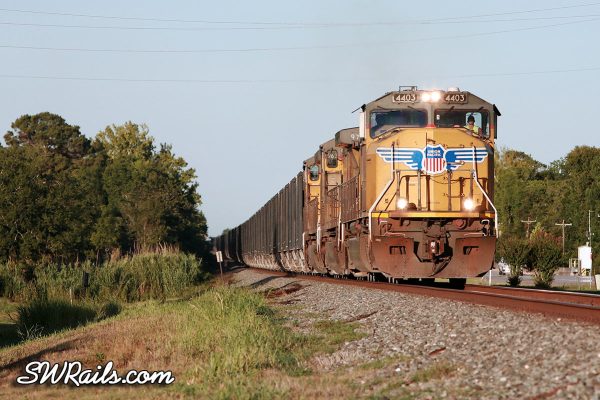 UP SD70M 4403 with an empty rock train at East Bernard, TX on Aug. 4, 2011