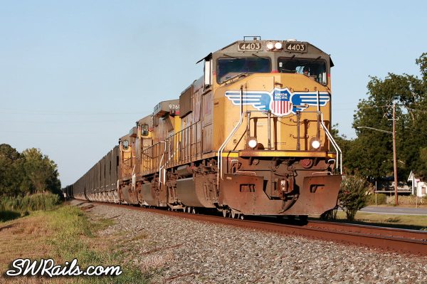 UP SD70M 4403 with an empty rock train at East Bernard, TX on Aug. 4, 2011