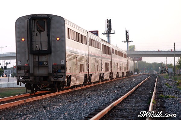Amtrak train #1, the Sunset Limited, passes through Sugar Land, TX at sunset on May 9, 2012.