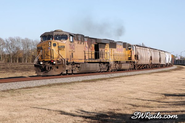 UP 7042 on MEWEG train at Stafford, TX