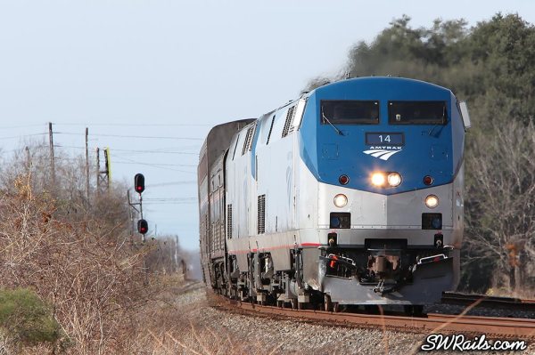 Amtrak P42DC 14 on the Sunset Limited at Sugar Land TX
