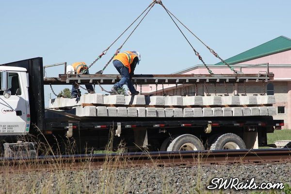 concrete crosstie placement on Union Pacific Glidden sub