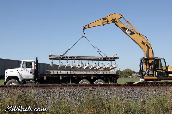 concrete crosstie placement on Union Pacific Glidden sub