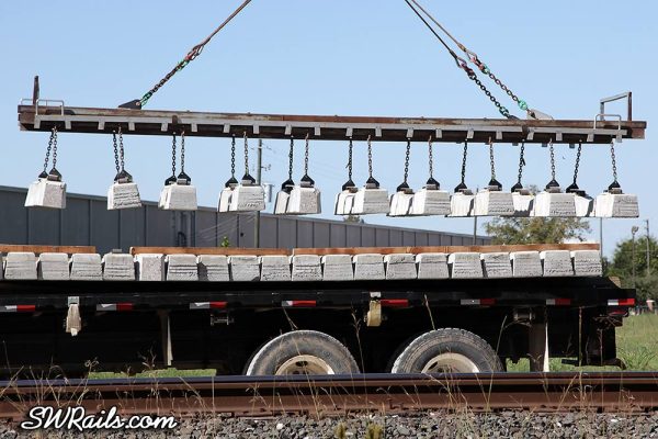 concrete crosstie placement on Union Pacific Glidden sub