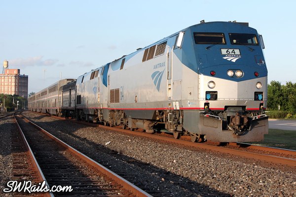 Amtrak P42 64 leads the Sunset Limited through Sugar Land, TX on 6/1/2013.