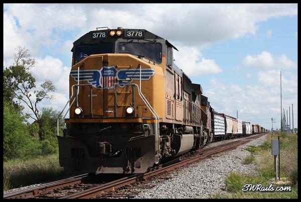 UP SD70M 3778 on MEWEG manifest train at Missouri City TX