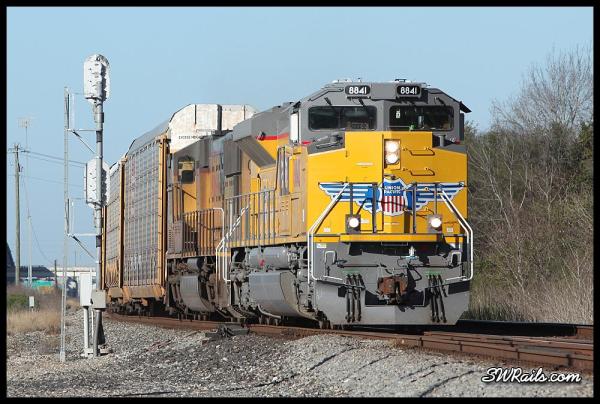 Union Pacific ILBEW led by brand-new SD70AH 8841 at West Junction TX on 3/18/2014