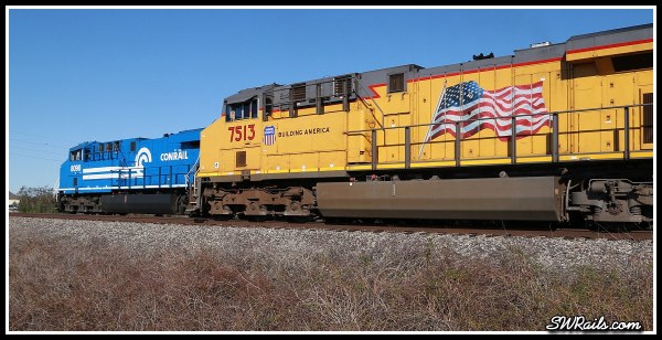 NS 8098, Conrail heritage locomotive,  and UP ES44AC 7513 at Harlem, TX on 11-24-2014