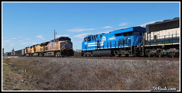 NS 8098, Conrail heritage unit, and UP AC4400CW 5917 at Harlem TX