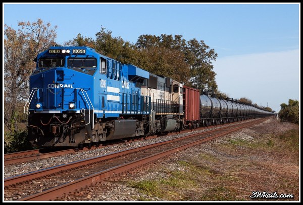 NS 8098, Conrail heritage unit. on BNSF oil train at Harlem TX