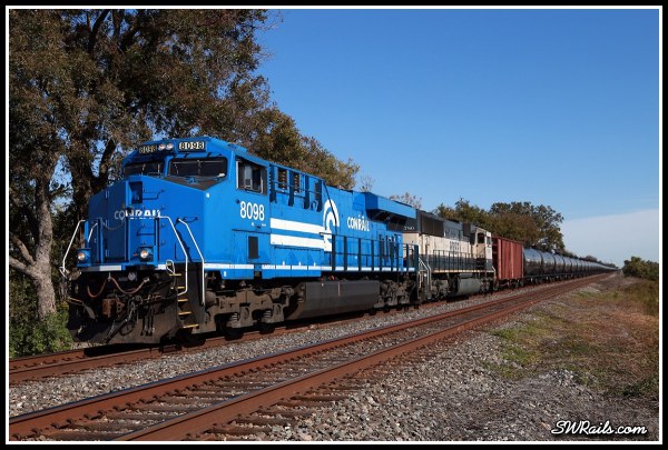 NS 8098, Conrail heritage unit. on BNSF oil train at Harlem TX