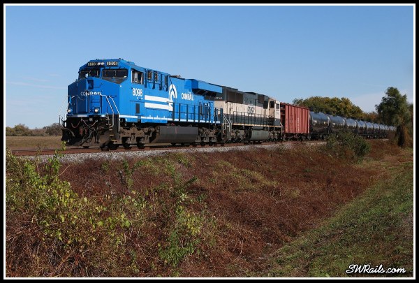NS 8098, Conrail heritage unit. on BNSF oil train at Richmond  TX